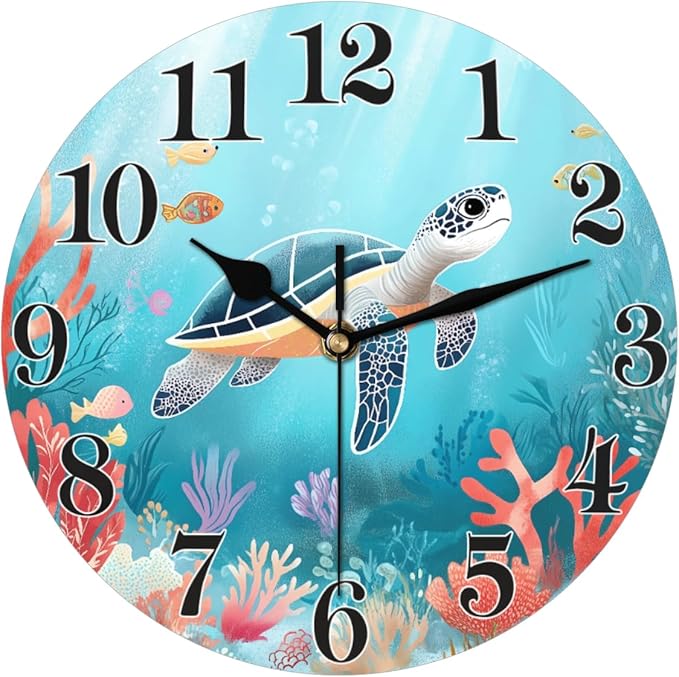 Cute Ocean Sea Turtle Wall Clock Battery Operated 10 in Round Wall Clocks Slilent Non Ticking Quartz Analog Clock for Bedroom Kids Living Room Classroom Decor