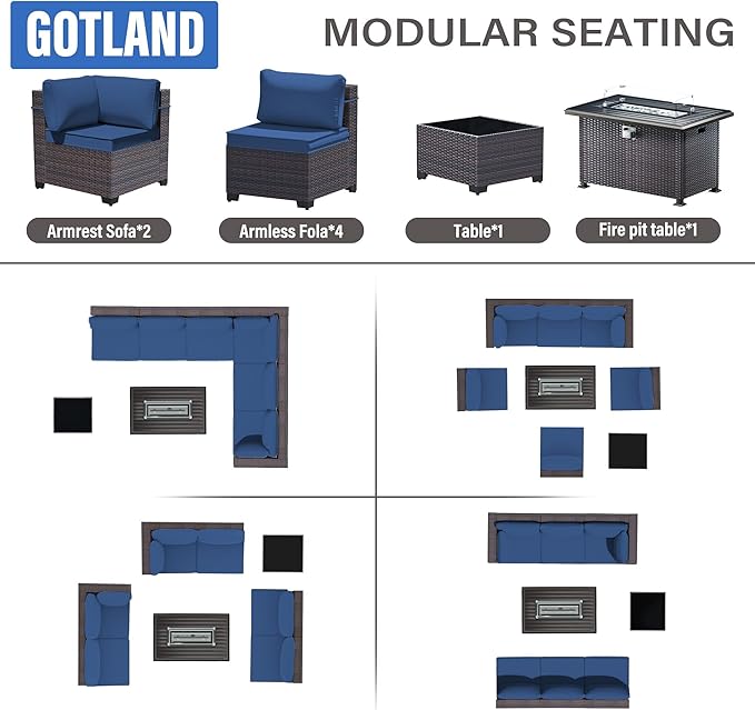Gotland 8 Pieces Patio Furniture Set with Fire Pit Table, All Weather Rattan Outdoor Furniture with 29.5'' High Backrest 4’’ Thick Cushions Coffee Table, Outdoor Sectional for Porch, Deck, Navy