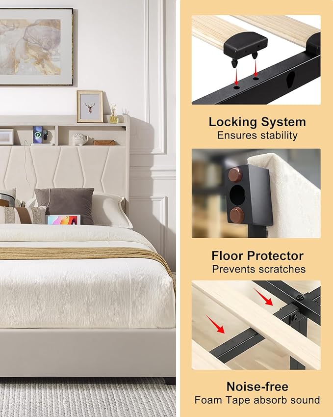 Full Size Bed Frame, Velvet Upholstered LED Platform Bed with Headboard Storage, Bed Frame Full Built-in Charging Station with 4 Drawers, Wood Slat Support, No Box Spring Needed, Beige
