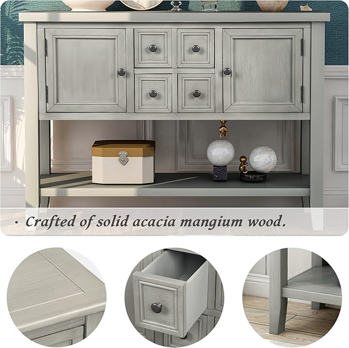 Farmhouse Vintage Console Table Sofa Table with 4 Drawers and Bottom Shelf, Solid Wood Buffet Sideboard Storage Cabinet for Entryway Living Room Kitchen Dining Room (Antique Gray)