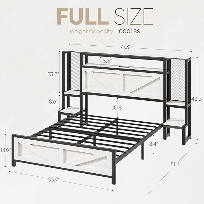 Full Size Rustic Bed Frame with Storage Born Door Headboard and Bedside Storage, Industrial Farmhouse Metal Platform Bed Frame with Charging Station and LED Lights, White