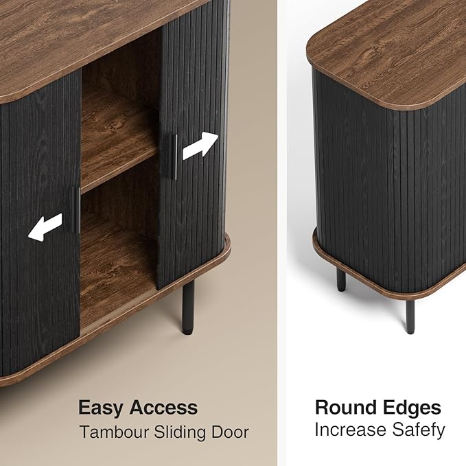 31''W Black Buffet Sideboard Cabinet with Storage, Fluted Accent Storage Cabinet Black with Curvy Edge; Sliding Door Coffee Bar, Credenza Console Table for Living, Kitchen, Hallway