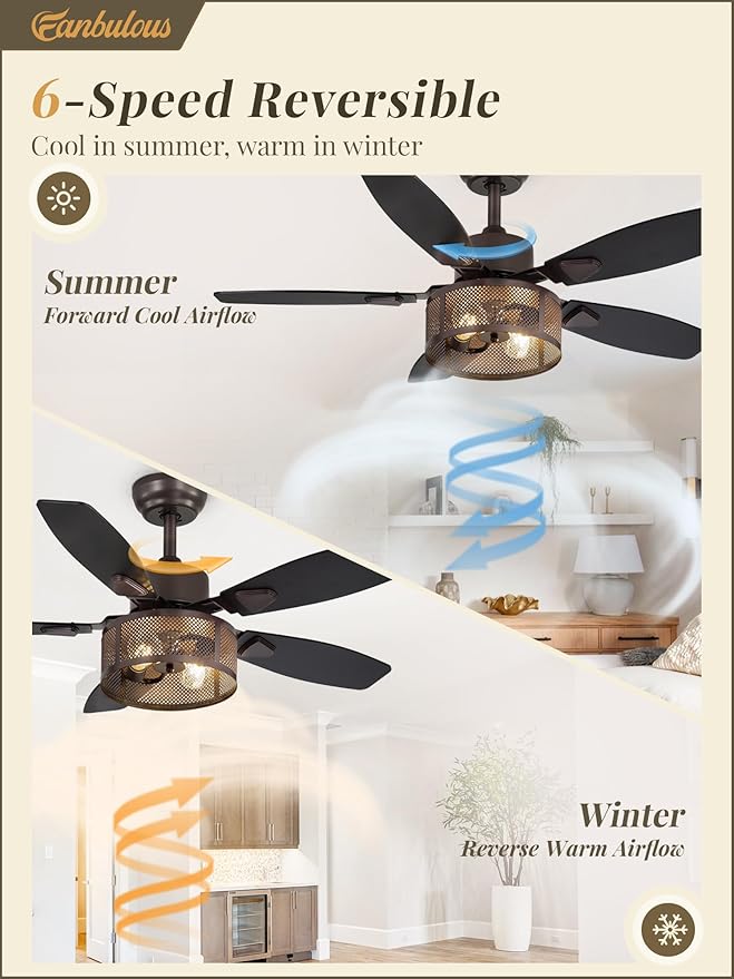 Farmhouse Oil Bronze Ceiling Fans with Lights and Remote, 42 Inch Bedroom Caged Ceiling Fans for Living Room Kitchen，6 Speed Reversible Quiet DC Motor, Dual Finish 5 Blades