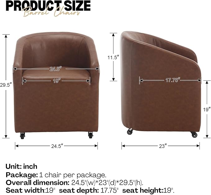 Brown Barrel Dining Chairs Set of 4, Modern Swivel Barrel Chairs with Casters Arms Comfy Faux Leather Upholstered Rolling Dining Chairs with Rollers for Living Room Reading Room Bedroom