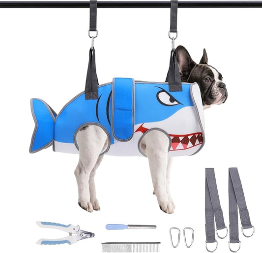 Dog Grooming Hammock for Small Dogs Cats, Cute Shark Design Dog Hanging Harness for Nail Trimming/Clipping, Pet Sling with Grooming Kit and Thick Neck Support & Strap Restraint Claw Care, M