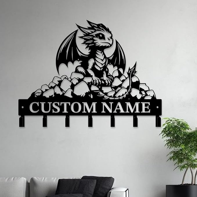 Customized Name Key Hook - Evil Dragon Design Keys Holder Decor Black Iron Metal Wall Organizer for Home & Office (Multiple Sizes) (Style C)