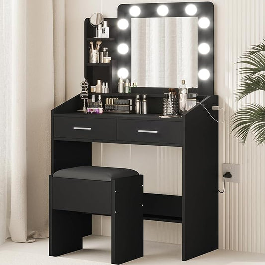 Vanity Desk with Mirror and Lights for Bedroom, Black Modern Makeup Table with 2 Drawers, 3 Light Modes & Dimmable LED, Includes Stool