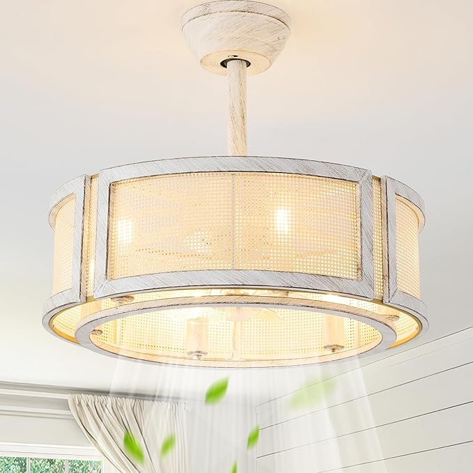 20" Boho Fandelier Ceiling Fan with Light,6 E12 Bulbs Include, Rattan Chandelier Ceiling Fans with Lights Remote Control, Mid-Century with 6 Speeds for Bedroom, Nursery, Living Room