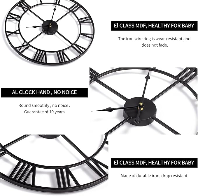 1st owned Large Wall Clock Metal Retro Roman Numeral Clock, Modern Round Wall Clocks Almost Silent, Easy to Read for Living Room/Home/Kitchen/Bedroom/Office/School Decor (Black, 24 Inch)