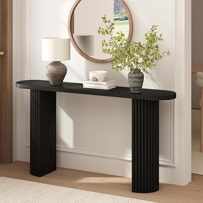 55" Fluted Console Table with Solid Wood Legs, Long Farmhouse Entryway Table with Rounded Corners, Morden Sofa Tables Behind Couch for Foyer, Entrance, Living Room, Hallway, Black