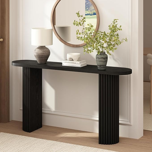 55" Fluted Console Table with Solid Wood Legs, Long Farmhouse Entryway Table with Rounded Corners, Morden Sofa Tables Behind Couch for Foyer, Entrance, Living Room, Hallway, Black