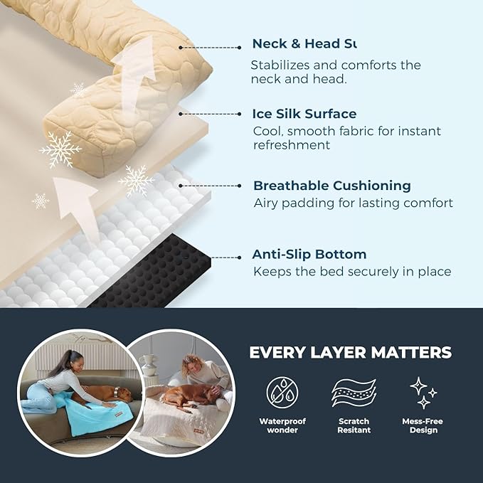 Pelsbarn Cooling Dog Bed - Ice Silk Summer Comfort, Self Cooling, Non-Slip Dog Cover, Durable & Washable, Bed for Medium to Large Dogs 34" x 34", Support Shelter Dogs with Every Purchase (Beige)