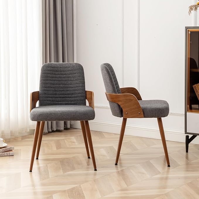 Dining Room Chairs Set of 4,Mid Century Modern Kitchen Chairs,Upholstered Accent Chairs,Metal Legs Wooden Desk Chairs,Armless and No Wheels for Kitchen Dining Living Room,Gray Fabric