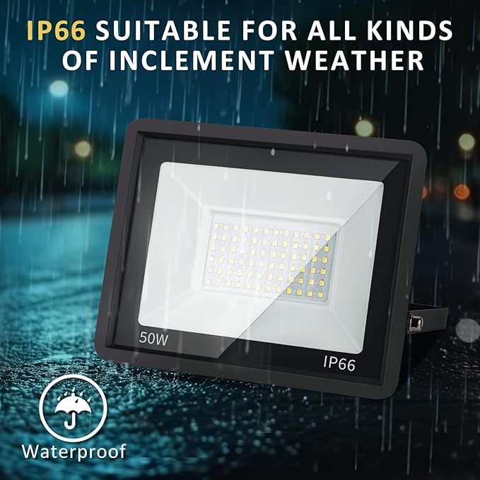 50W LED Flood Light Outdoor, 5000LM Super Bright Floodlight Outside Work Lightwith Plug, 6500K Daylight White LED Flood Light Outdoor, IP66 Waterproof Outdoor Flood Light-2Pack