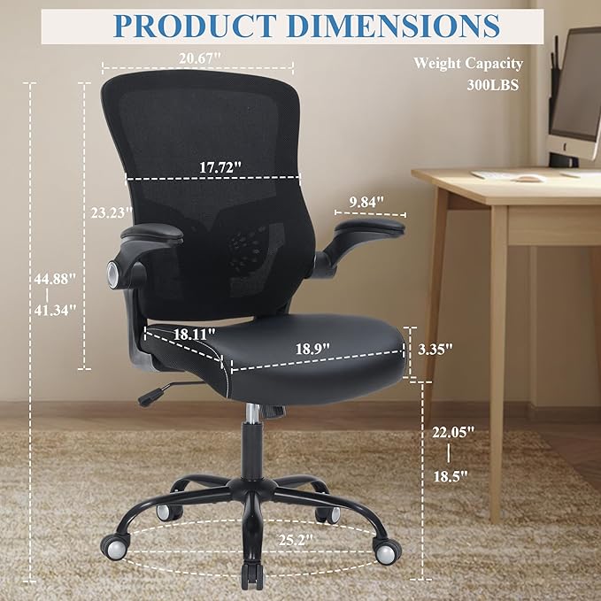 Office Chai PU Leather Cushion, Ergonomic Desk Chair with Flip-Up Arms, 300 LBS Home Office Desk Chairs Adjustable Seat Height & Lumbar Support, Executive Comfy Swivel Task Computer Chair