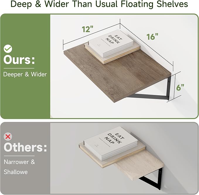 Heimlove 12 Inch Deep Floating Shelves for Wall, 16W x 12D Wide Floating Shelves Heavy Duty, Wood Wall Shelves for Living Room Bedroom Bathroom Kitchen- Set of 4