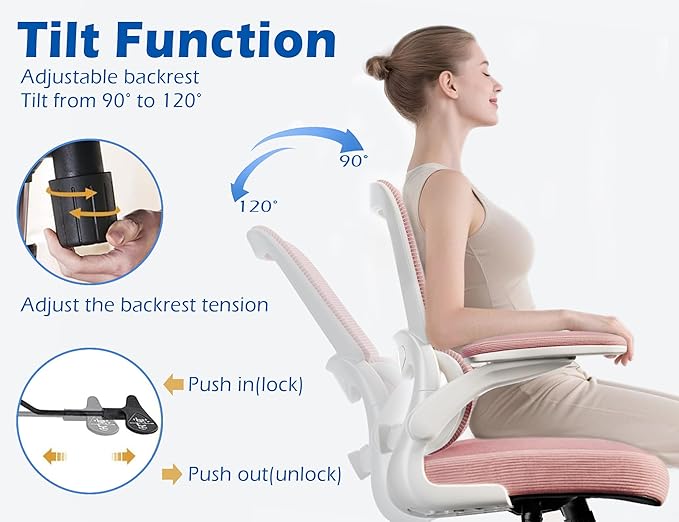 TRALT Ergonomic Office Chair - Desk Chair with Adjustable Lumbar Support Computer Chair - Mesh Comfy Chair with Flip-up Armrests - Gaming Chairs for Adults Home Office (Leather, Pink)
