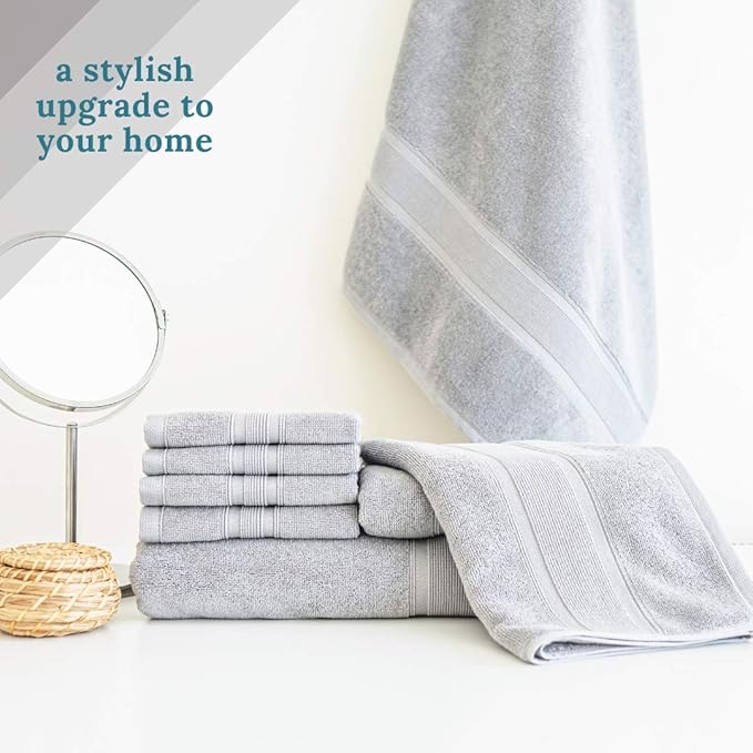 Luzia 8 Piece Bathroom Towel Set - 100% Turkish Cotton, Premium Quality - 2 Bath Towels 2 Hand Towels and 4 Washcloths (Light Grey)