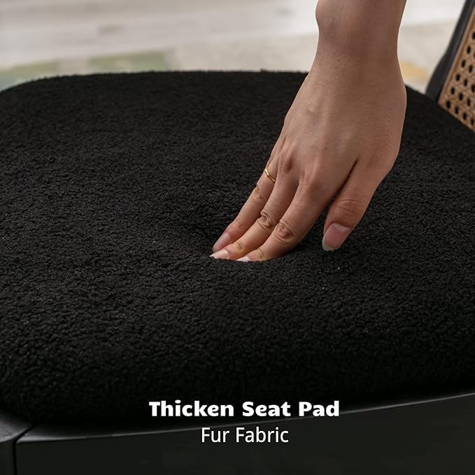 HEAH-YO Rattan Dining Chairs Set of 2, Upholstered Sherpa Dining Room Chairs with Backrests, Modern Kitchen Chairs with Wood Legs for Dining Room, Black