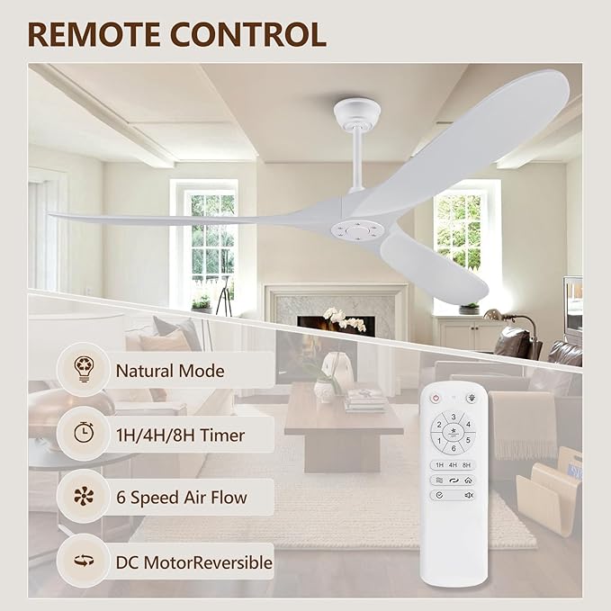 72 inch Ceiling Fan no Light, Quiet Reversible DC Motor Wood Ceiling Fan Without Light, White Modern Ceiling Fan with Remote Control for Outdoor Indoor Farmhouse Patios