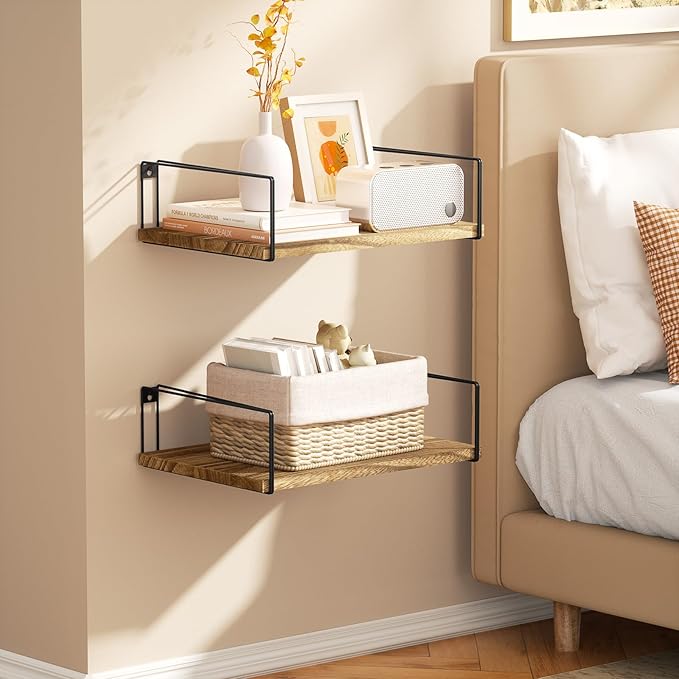 SRIWATANA Wide Floating Shelves, Rustic Wood Wall Shelves Set of 2, Wall Mounted Shelves with Large Capacity for Many Rooms Decor, Carbonized Black