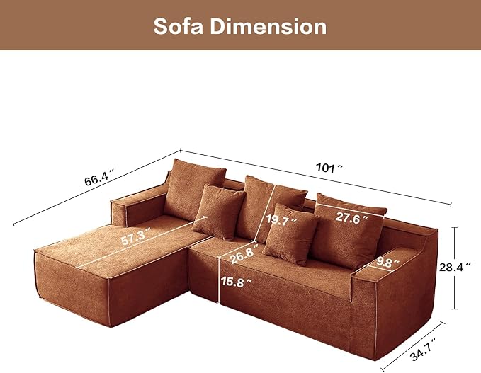 101" Orange Couch for Living Room,Boneless Couch No Assembly Required,Comfy Couches with Oversized Chaise,Compressed Sofa for Any Room,Modern Sofa-Velvet