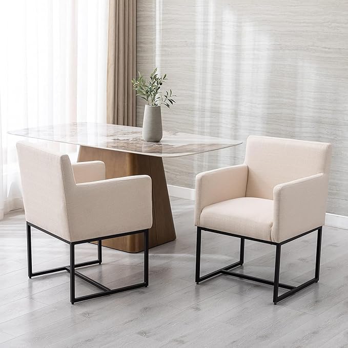 Linen Upholstered Dining Chairs with Arms Set of 2 Mid Century Modern Accent Chairs Armchairs with Black Metal Frame, Modern Kitchen & Dining Room Chairs, Cream