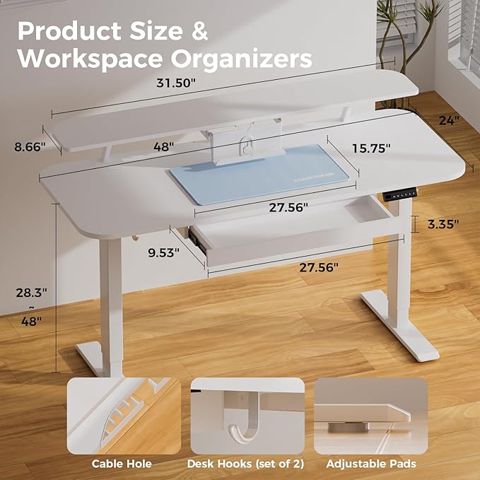 COMHOMA Electric Standing Desk with Drawers, 48 x 24'' Sit Stand up Desk with Monitor Stand, Laptop Stand, Height Adjustable Ergonomic Home Office Computer Desk with Memory Preset Controller