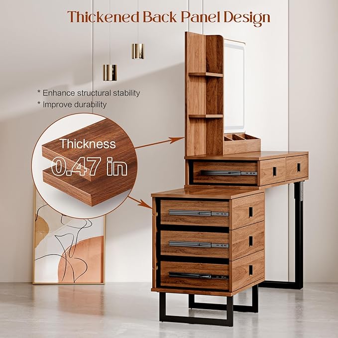 Large Vanity Desk with 3 Color Touch Screen Dimming Mirror, Vanity Desk with Charging Station, Modern Retractable Makeup Dressing Table, Makeup Table With storage shelves and 5 Sliding Drawers, Walnut