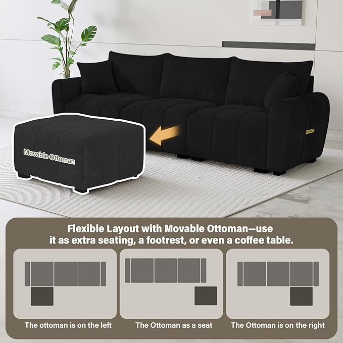 110" L Shaped Modern Boucle Sofa Modular Sectional Cloud Couch with Ottoman, Tufted 4-Seat Deep Seat Sofa with Pillows for Living Room, Bedroom and Apartment, Black