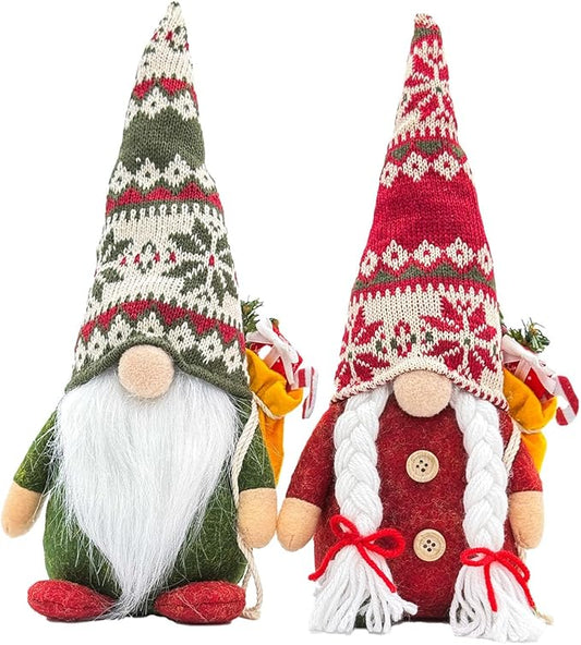 2PCS 12 Inch Christmas Gnomes Decorations, Handmade Plush Xmas Gnomes with Gift, Elf Scandinavian Tomte Gnome Figurines for Xmas Decor Gift - Christmas Party Home Decorations