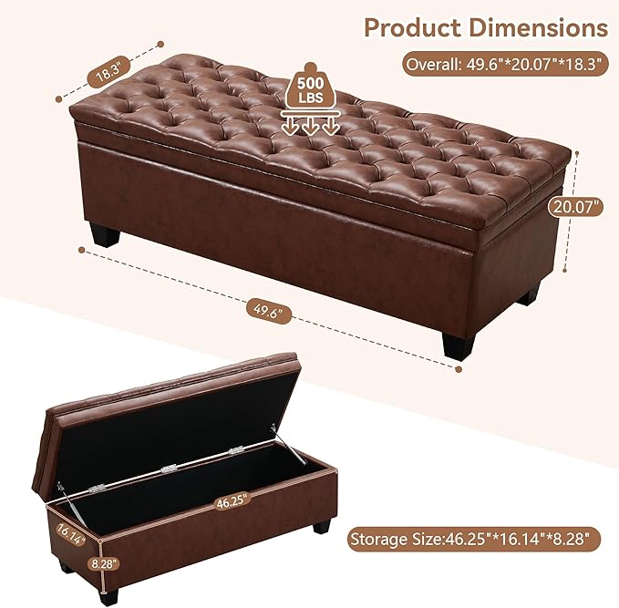 50" Faux Leather Storage Ottoman Bench, Upholstered Rectangle End of Bed Storage Ottoman Tufted Living Room Bedroom Bench with Safety Hinge, Solid Wood Legs, Loads 500 lb(Brown)
