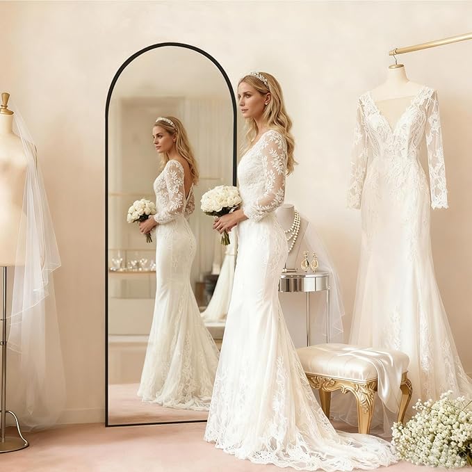 MISSDAY 64"x21" Arched Full Length Mirror, Black Full Body Mirror with Stand, Floor Mirror Long Free Standing, Leaning or Hanging, Aluminum Thin Frame Wall-Mounted Mirrors Wall Mirrors for Bedroom