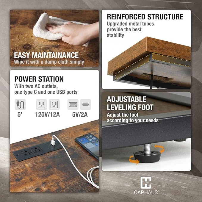 CAPHAUS 41” Unique Design 4-Tier Industrial Thick Sofa Console Table w/Storage & Charging Station, Entrance Tableau w/ 2 Outlets, USB & Type-C Ports for Living Room, Hallway, Rustic, Hourglass