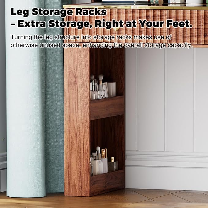 57“Makeup Vanity Desk with Mirror and Lights, Vanity Desk with 5 Drawers & Storage Shelves, Vanity Table with Power Outlet, 3 Color Modes & Adjustable Brightness Dressing Table, Bedroom,Brown