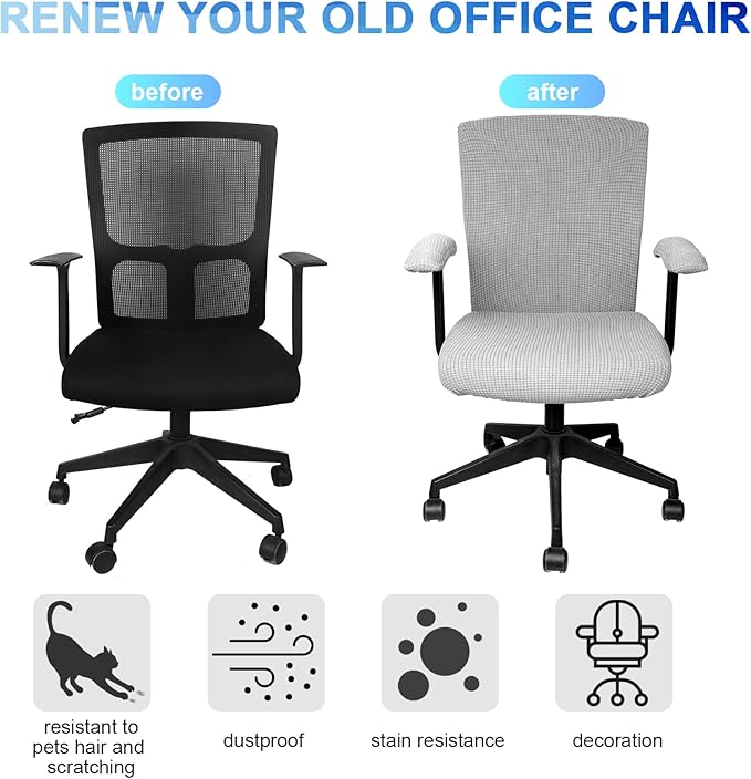 Tallew Office Chair Covers Set Computer Universal Protective Stretchable Chair Seat Covers Desk Armrest Slipcovers Pads Office Cushion Backrest for Rotating(XL,Silver Grey,8 Pcs)