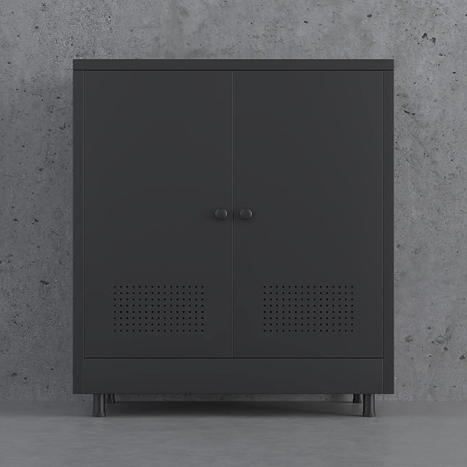 Metal Storage Cabinet with 2 Doors and Adjustable Shelf, Steel Accent Sideboard Buffet Cabinet for Home, Office, Garage, Entryway, Living Room, Kitchen Pantry and Dining Room (Black)