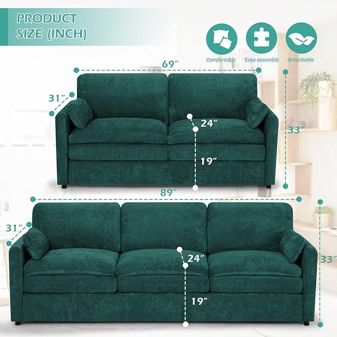 2 Pieces Chenille Sofa Set w/Arm Pillows, Upholstered Loveseat & 3 Seater Sofa w/Comfortable Back Cushions, Modern 2-Seat & 3-Seat w/High-Density Foam for Living Room, Apartment, Teal