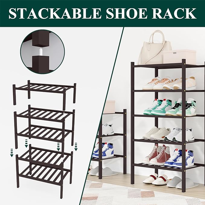 Smiry Shoe Rack, 5 Tier Small Bamboo Shoe Organizer, Stackable Free Standing Wooden Shoe Storage Shelf for Closet, Entryway, Front Door Entrance, Brown