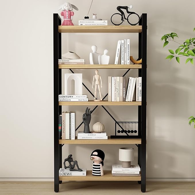 Real Solid Wood Bookshelf Shelves Rustic Vintage Industrial Etagere Bookshelf, Metal & Timber Free Vintage Bookcase, (Genuine Timber) (5-Tiers-Real Wood)