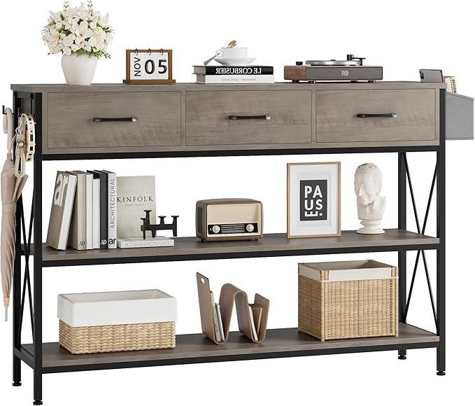 HITHOS 47.2" Long Console Table with 3 Drawers and 3-Tier Storage Shelves, Industrial Sofa Table for Living Room Entry Way