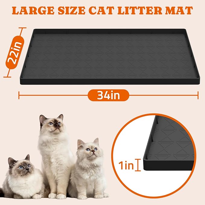 Pawtners Extra Large 2 Packs Silicone Cat Litter Mats, 34" x 22" Waterproof Litter Box Mat, Non-Slip Kitty Litter Mat for Scatter Control, Easy to Clean & Urine-Proof Cat Litter Trapping Mat, Black