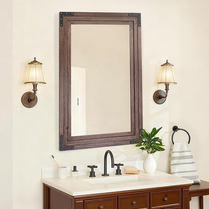 Full Length Mirror 30"x20" Solid Wood Frame Floor Standing Mirror, Hanging or Leaning Wall-Mounted for Living Room, Bedroom, Brown