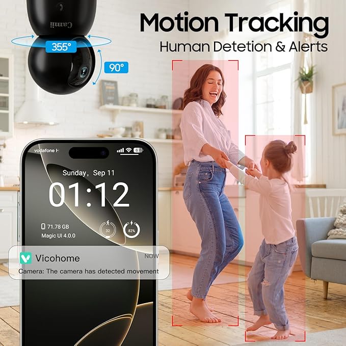 Indoor Security Camera 2K, 360 Degree Cameras for Home Security with Night Vision, Baby/Dog Monitor with Auto Tracking, Human/Pet Detection, Cloud&SD, Pet Camera Support 2.4/5GHz WiFi