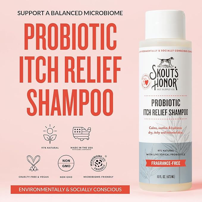Skout's Honor Probiotic Itch Relief Shampoo for Pets - Non-Medicated, Fragrance-Free, Paraben & Sulfate-Free, with Avocado Oil & Omega 3's, 8oz, 2-Pack