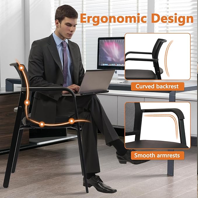 CLATINA Stackable Office Chair, Mesh Back Guest Chairs with Comfortable Leather Seat Arms Stacking Ergonomic Desk Chair No Wheels for Conference Waiting Reception School Stationary, Black, Set of 2