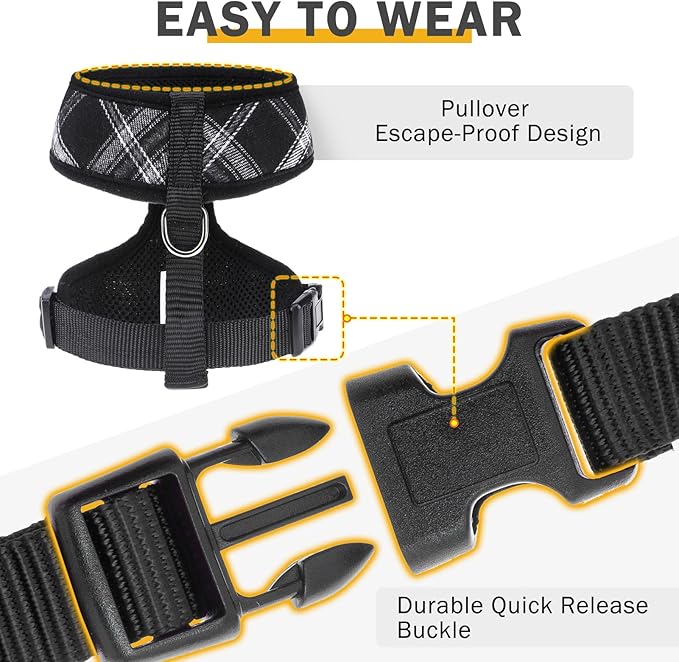 SCENEREAL No Pull Dog Harness Collar and Leash Set Small Medium Sized Dog, Soft Mesh Step in Puppy Harnesses, No Chock Plaid Adjustible Pet Vest for Outdoor Walking Training and Running, Black M