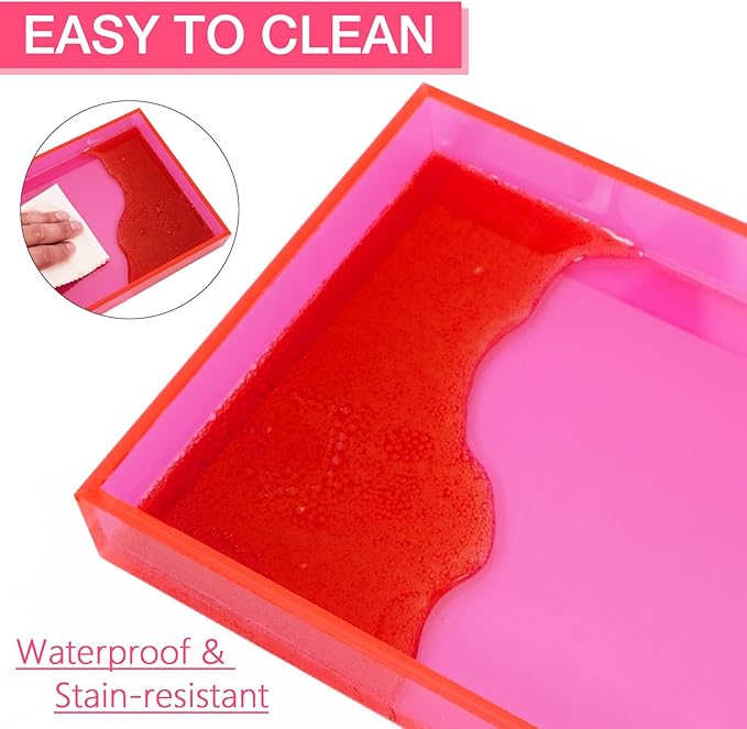 Acrylic Tray 5mm Thicken for Vanity Makeup, Perfume, Jewelry Holder, Napkin, Neon Pink 12x6'' 5Decorative Serving Tray for Bathroom, Toilet Tank, Sink Countertop, Living Room,Dresser, Coffee Table