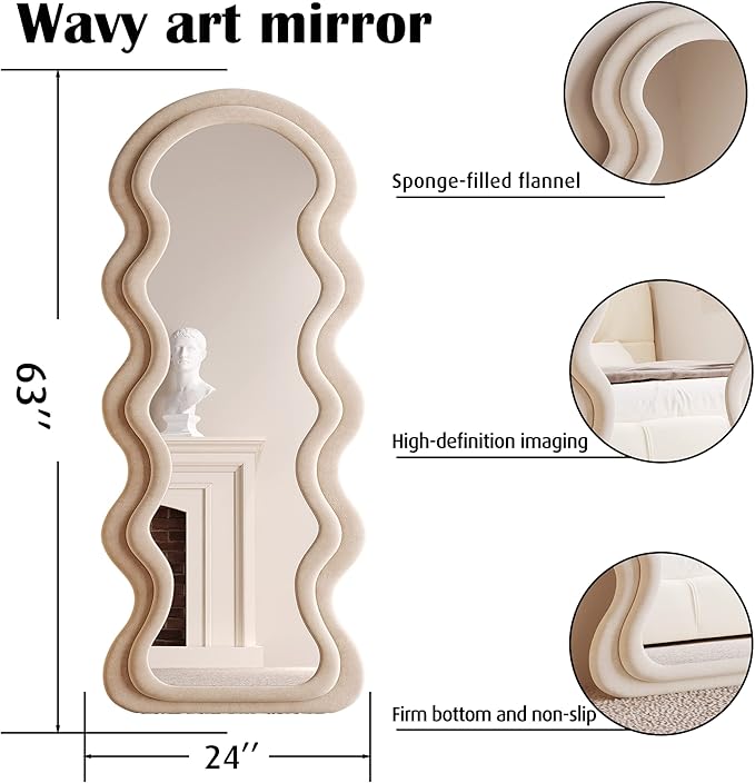BOJOY 63"x24" Irregular Wavy Mirror, Wall Mount, Modern Bedroom Mirror, Milk Tea Color