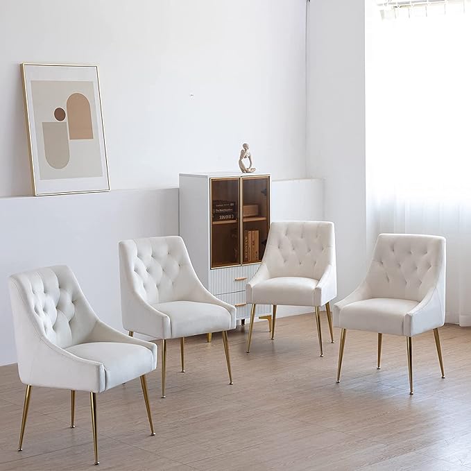 Modern Dining Chairs Set of 4, Mid Century Chairs with 5.12” Cushions and Golden Legs, Velvet Upholstered Dining Chairs with Back Pull Rod, for Kitchen, Living Room (Beige)